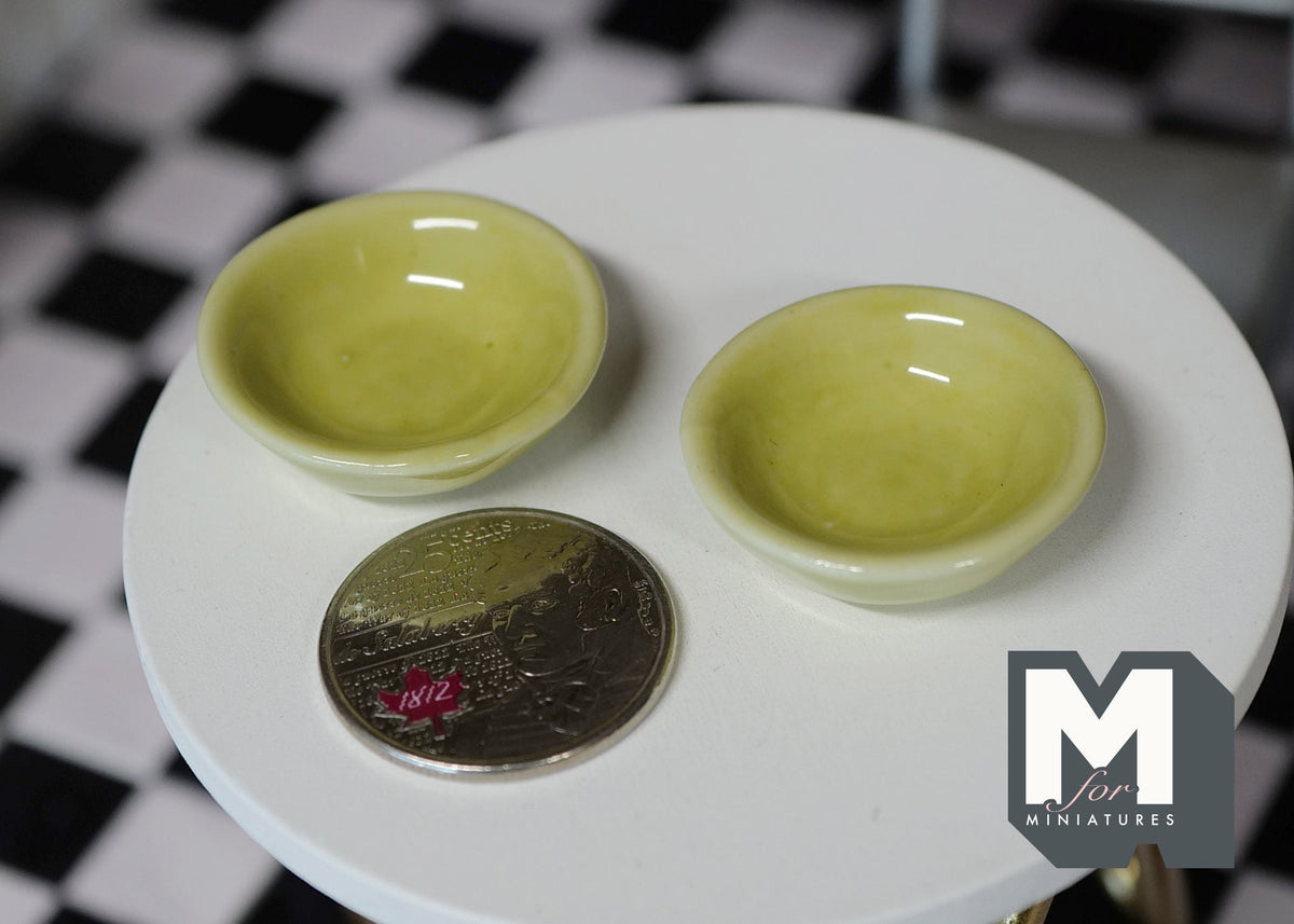 1:12 Scale Miniature Ceramic Bowls, Set of 2, 1-1/8 inch dia., DIY Dollhouse Supply (olive green)