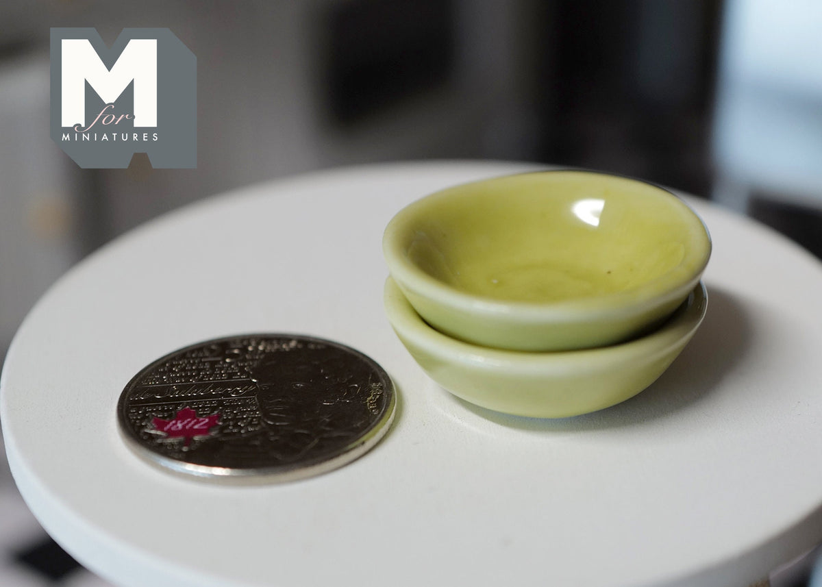 1:12 Scale Miniature Ceramic Bowls, Set of 2, 1-1/8 inch dia., DIY Dollhouse Supply (olive green)