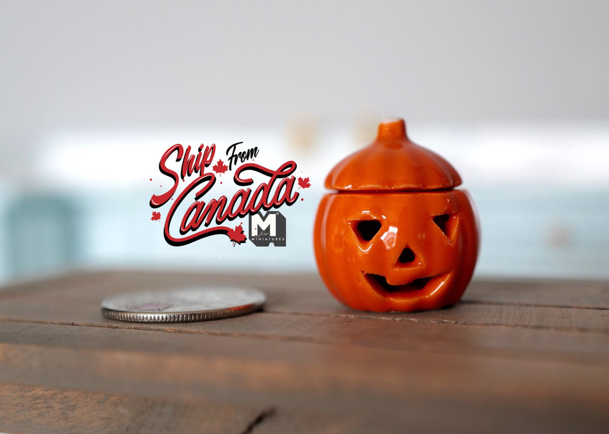 1:12 Scale Miniature Ceramic Pumpkin Face Jar with Lid, 1-3/16 inch tall, DIY Dollhouse Supply
