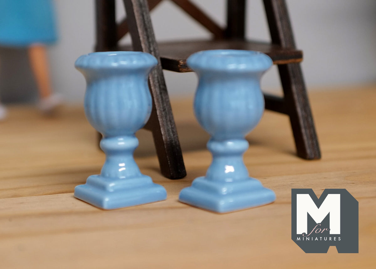 1:12 Scale Miniature Roman Style Pedestal Urn Planters, Set of 2, 1-3/8 inch tall, DIY Dollhouse Supply (light blue)