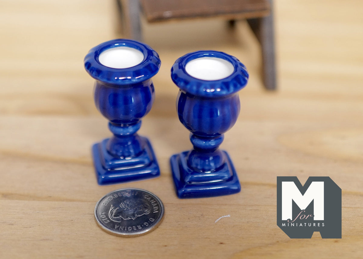1:12 Scale Miniature Roman Style Pedestal Urn Planters, Set of 2, 1-3/8 inch tall, DIY Dollhouse Supply (cobalt blue)
