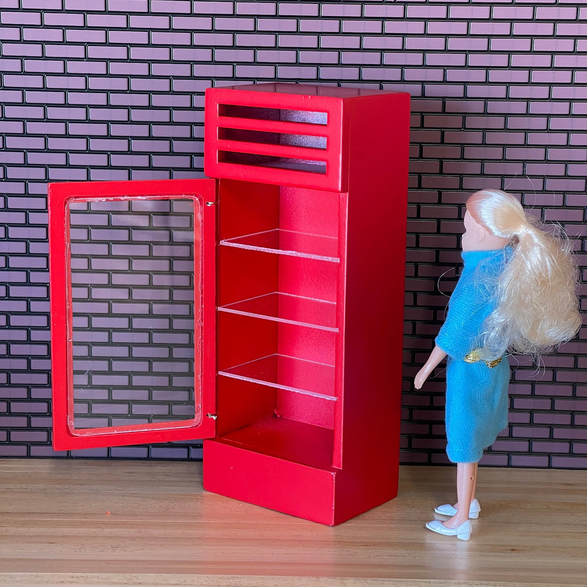 1:12 Scale Miniature Beverage Cooler with Glass Door, 4 Shelves, 6-15/16 inch tall, DIY Dollhouse Supply (red)