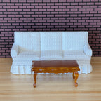 1:12 Scale Miniature White Fabric 3 Seat Sofa and Wood Coffee Table, Set of 2, 6-11/16 inch wide, DIY Dollhouse Supply