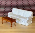 1:12 Scale Miniature White Fabric 3 Seat Sofa and Wood Coffee Table, Set of 2, 6-11/16 inch wide, DIY Dollhouse Supply