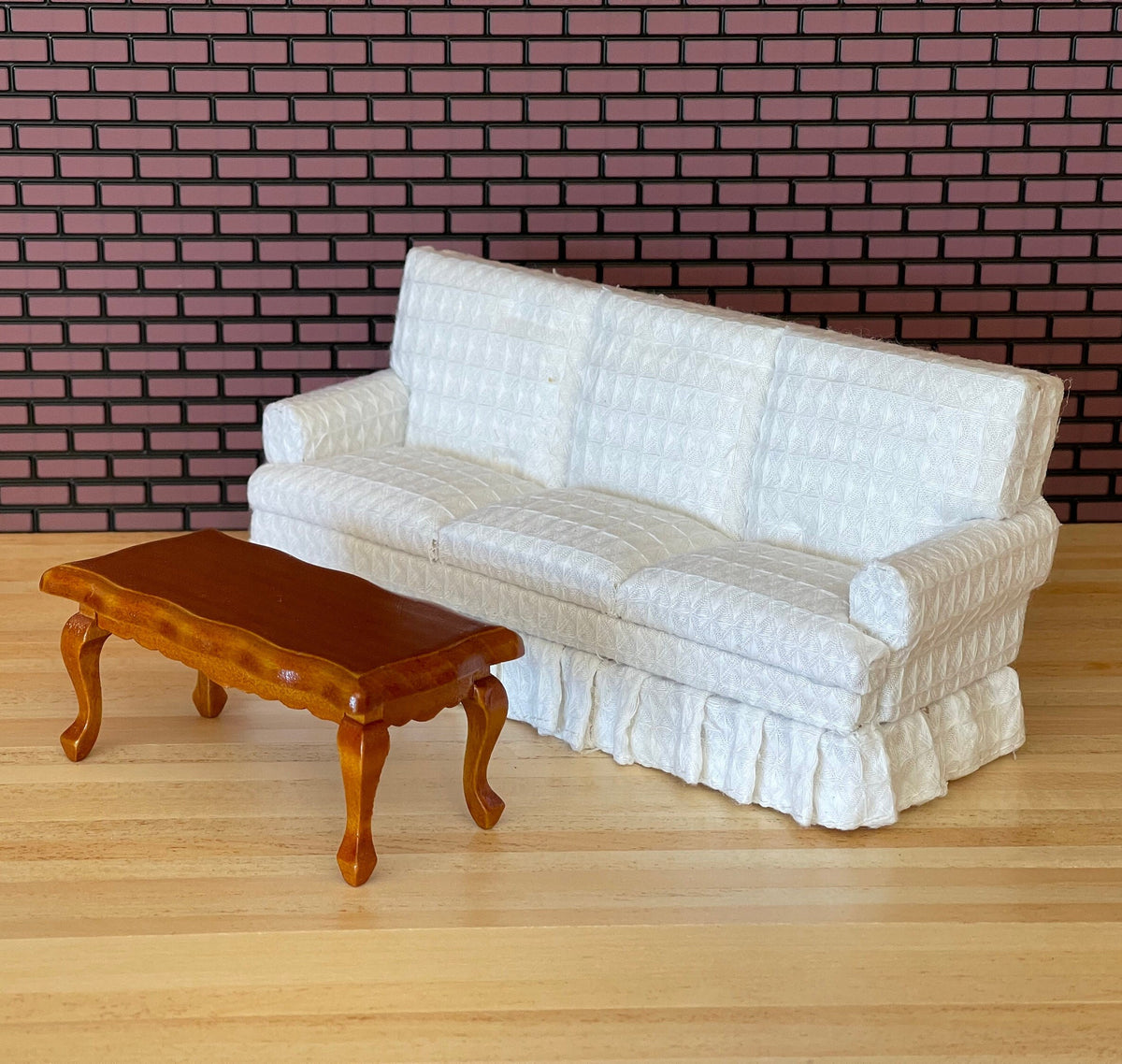 1:12 Scale Miniature White Fabric 3 Seat Sofa and Wood Coffee Table, Set of 2, 6-11/16 inch wide, DIY Dollhouse Supply