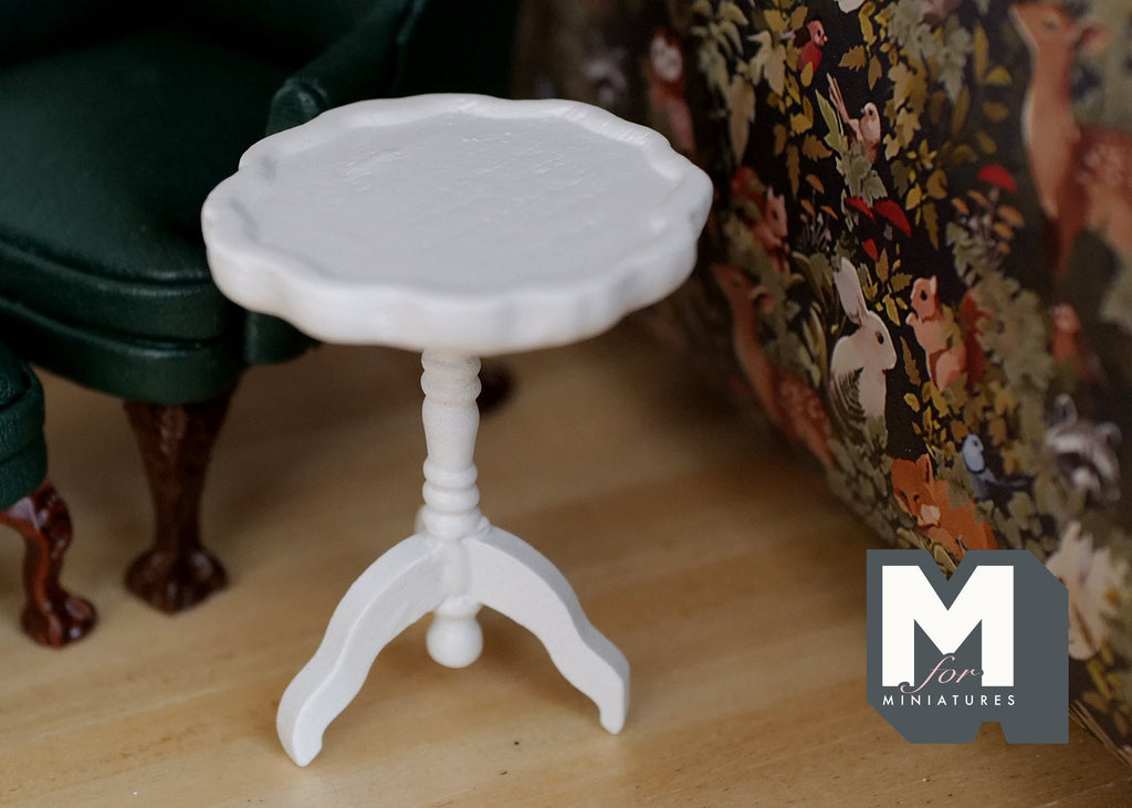 1:12 Scale Miniature Wood Round Pedestal End Table, Tripod Base, 2-3/16 inch tall, DIY Dollhouse Supply (white)