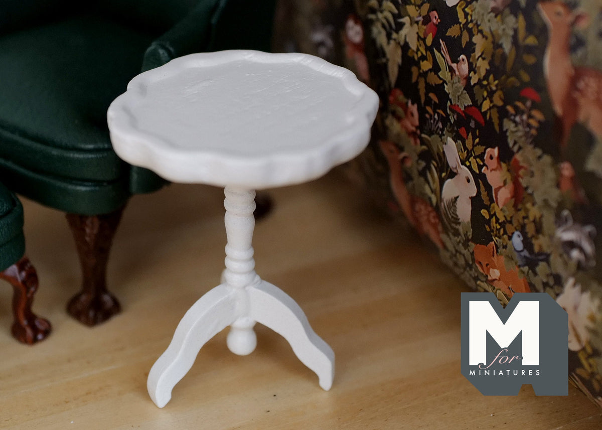 1:12 Scale Miniature Wood Round Pedestal End Table, Tripod Base, 2-3/16 inch tall, DIY Dollhouse Supply (white)