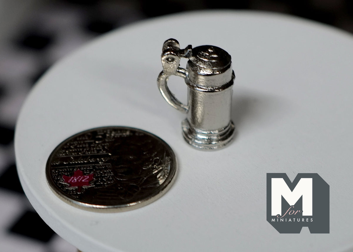1:12 Scale Miniature Metal Beer Stein with Lid, 1 inch tall, DIY Dollhouse Supply (silver)