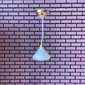 1:12 scale miniature hanging ceiling lamp with frosted cone shade, battery powered, brass ceiling plate, shown by a brick wall