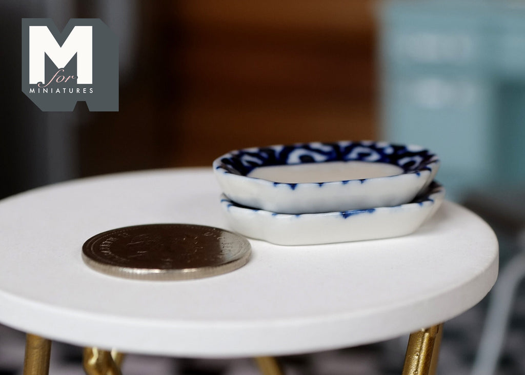 1:12 Scale Miniature Ceramic Oval Plates with Blue Scalloped Rim, Set of 2, 1-3/8 inch long, DIY Dollhouse Supply