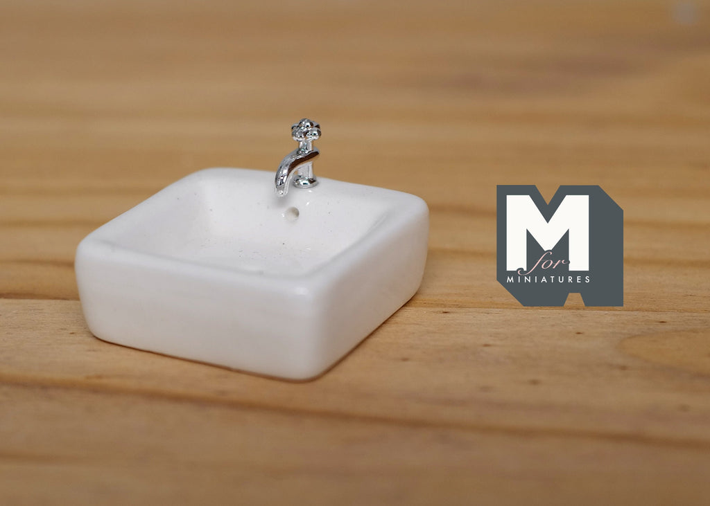 1:12 Dollhouse Supplies miniature ceramic bathroom vessel sink with silver style faucet (square) - C104