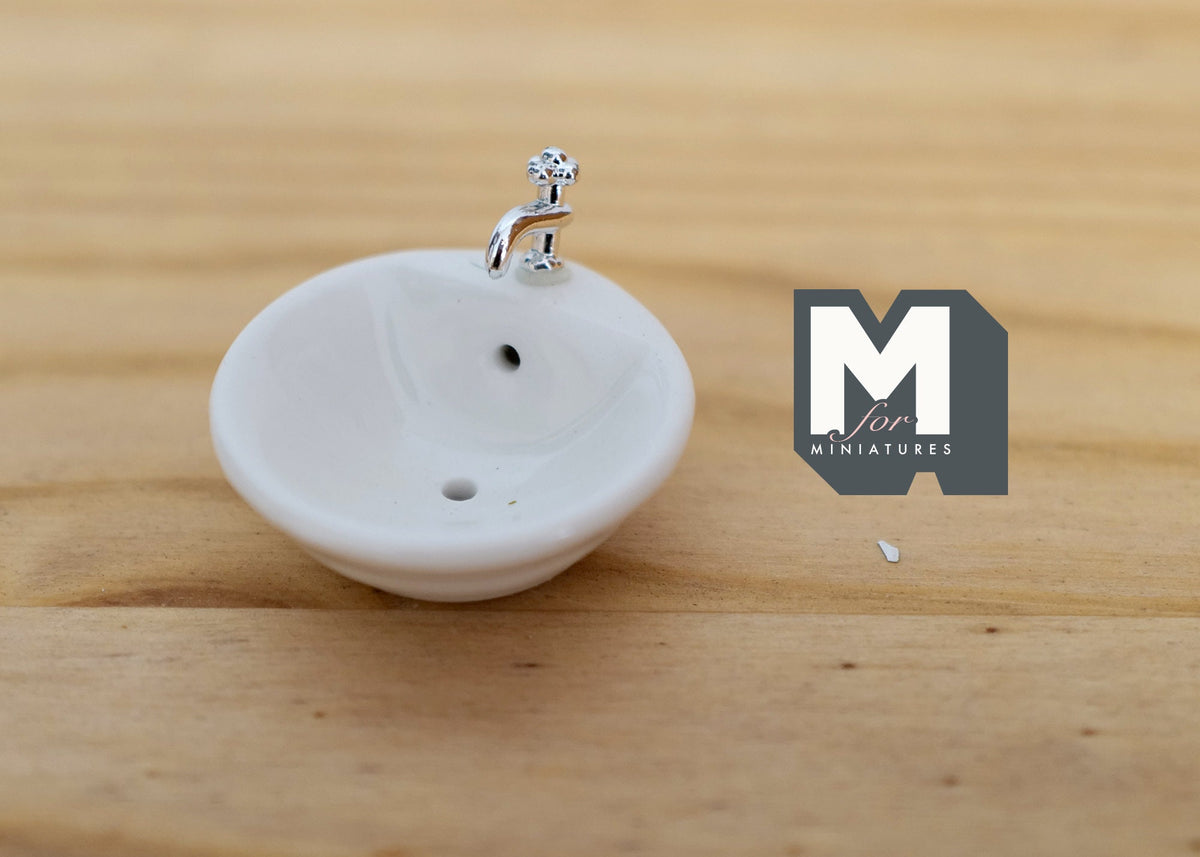 1:12 Scale Miniature Ceramic Bathroom Vessel Sink with Silver Faucet, 1-9/16 inch wide, DIY Dollhouse Supply (round)