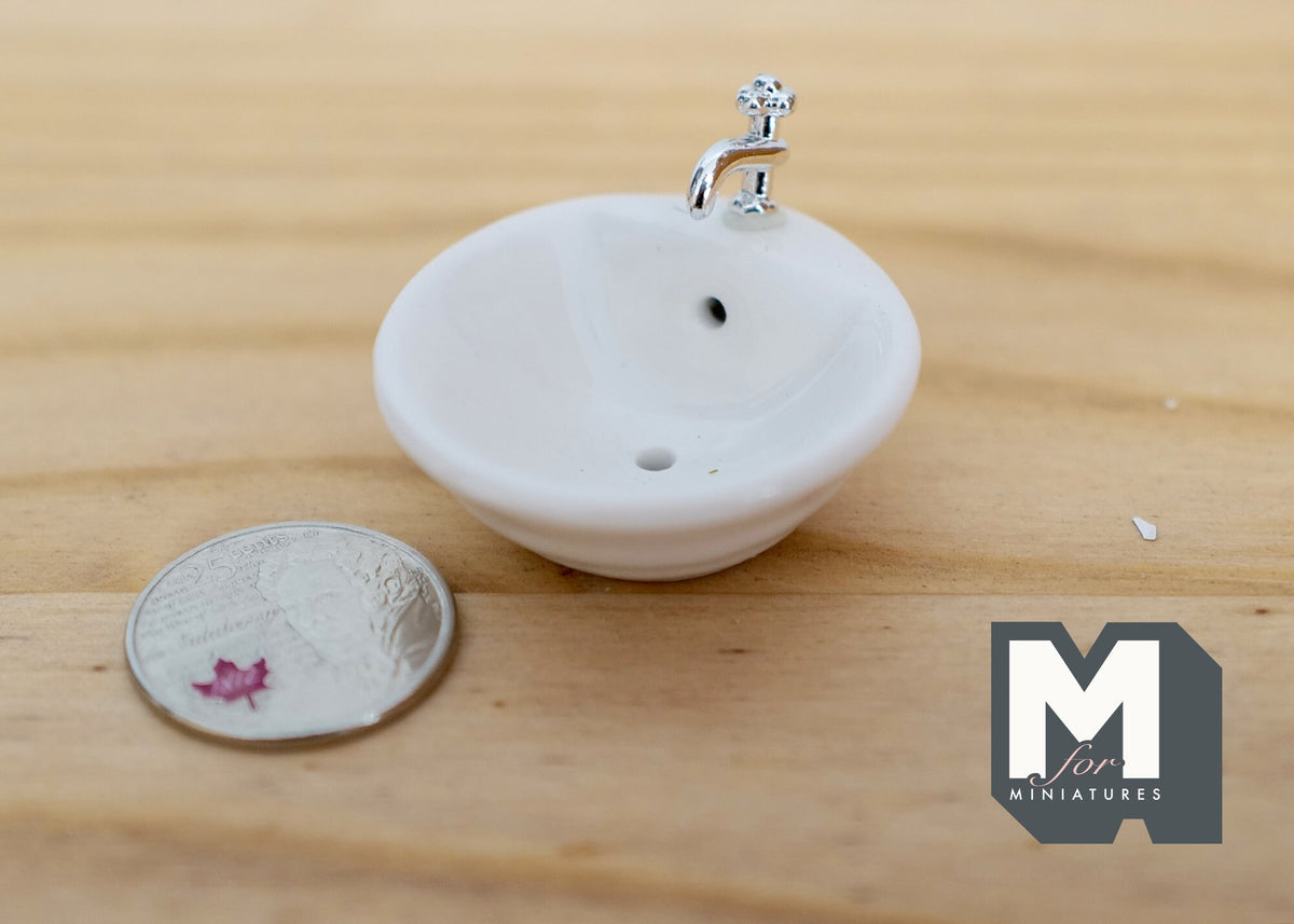 1:12 Scale Miniature Ceramic Bathroom Vessel Sink with Silver Faucet, 1-9/16 inch wide, DIY Dollhouse Supply (round)