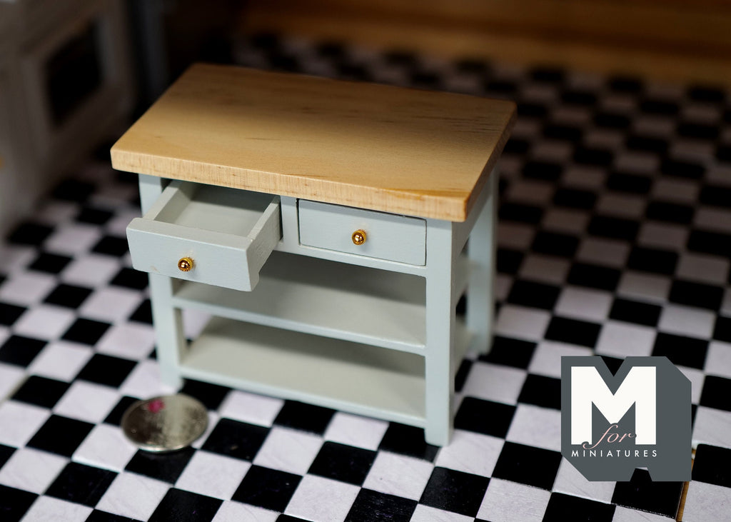 1:12 Scale Miniature Wood Kitchen Island, 2 Drawers, Lower Shelf, 3-1/16 inch tall, DIY Dollhouse Supply (sage green)