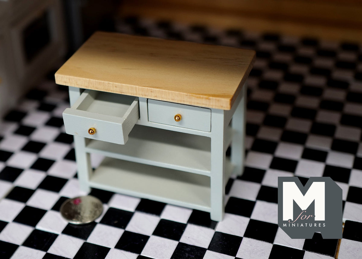 1:12 Scale Miniature Wood Kitchen Island, 2 Drawers, Lower Shelf, 3-1/16 inch tall, DIY Dollhouse Supply (sage green)