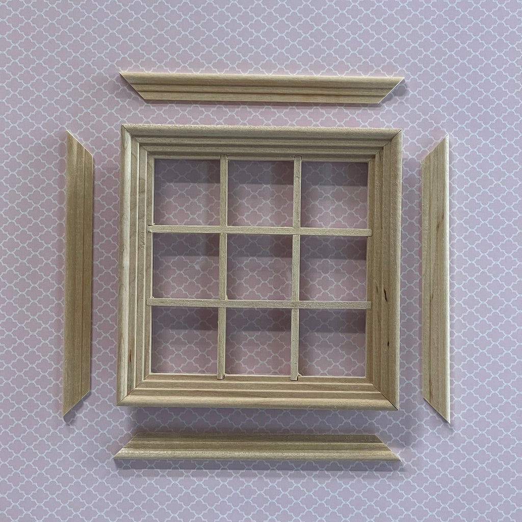 1:12 Scale Miniature Unpainted Dollhouse 9 Pane Window with Inner Side Jambs, 4 inch high Dollhouse Supply (with back trim)