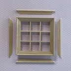 1:12 scale miniature unpainted wood 9 pane window with inner side jambs and separate back trim pieces laid around it