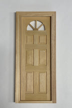 1:12 scale miniature unfinished wood 6 panel door with fan window and frame, shown upright on a white backdrop