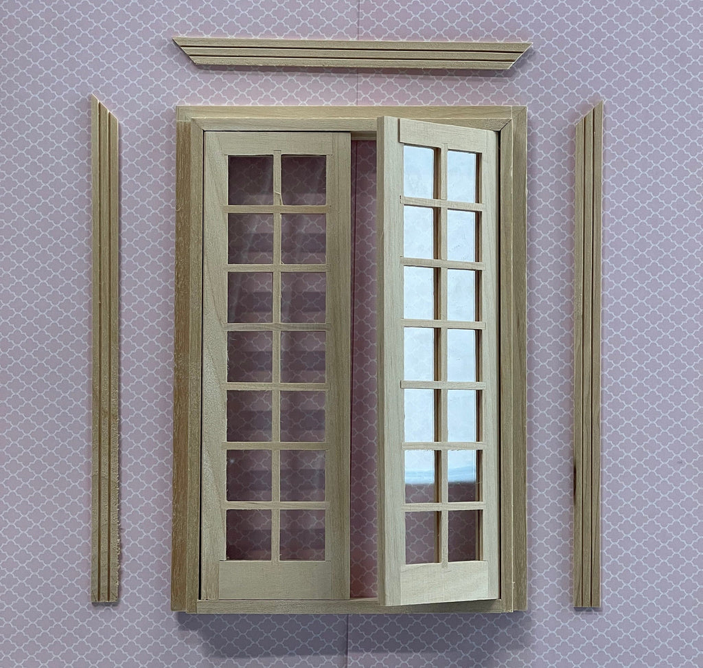 1:12 Scale Miniature Unfinished Dollhouse Double French Doors with Back Trim, 7-11/16 inch high