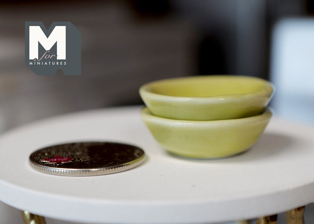 1:12 Scale Miniature Ceramic Bowls, Set of 2, 1-1/8 inch dia., DIY Dollhouse Supply (olive green)
