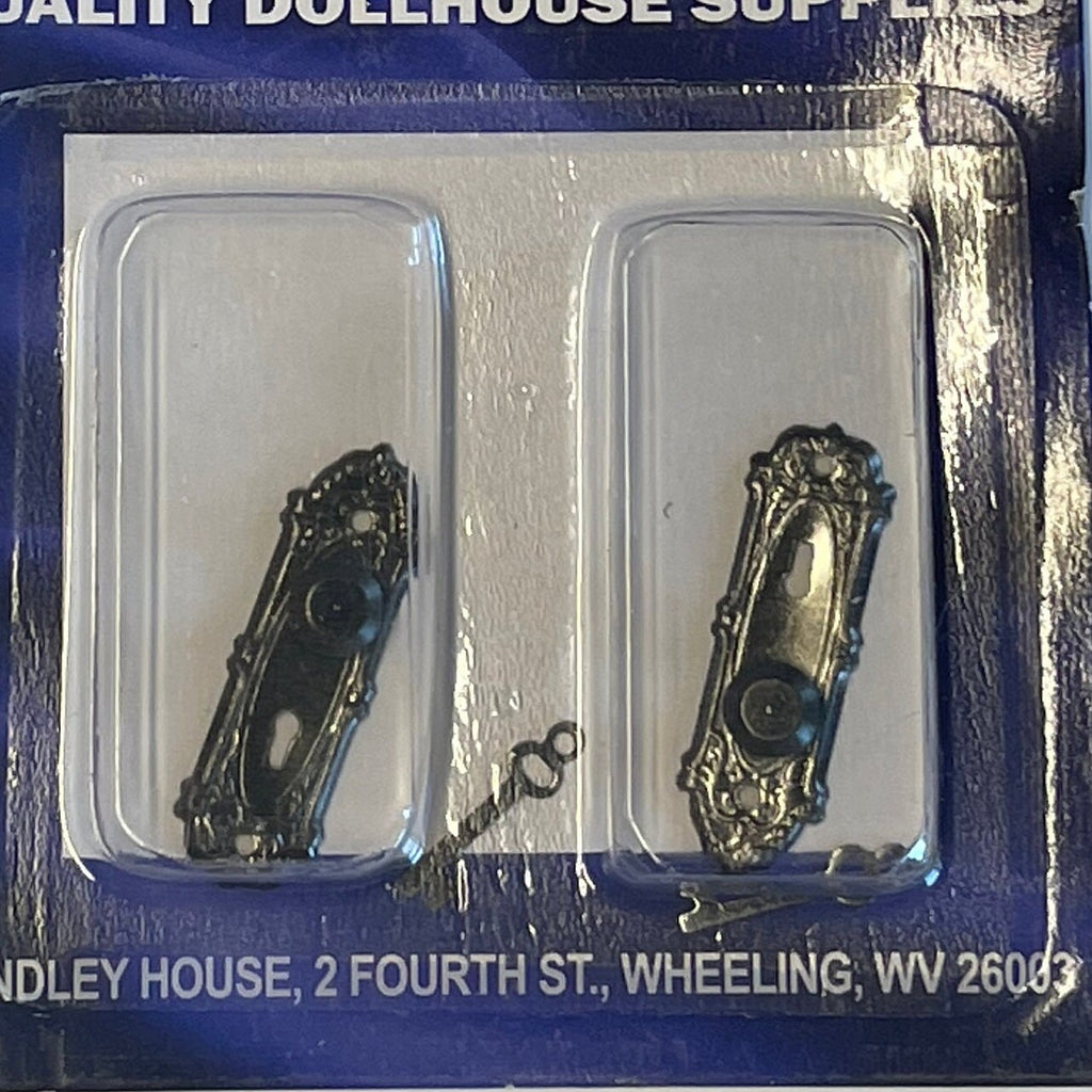 1:12 Scale Miniature Door Knobs with Scroll Backplates and Keys, Set of 2, 1 inch tall, DIY Dollhouse Supply (gunmetal)
