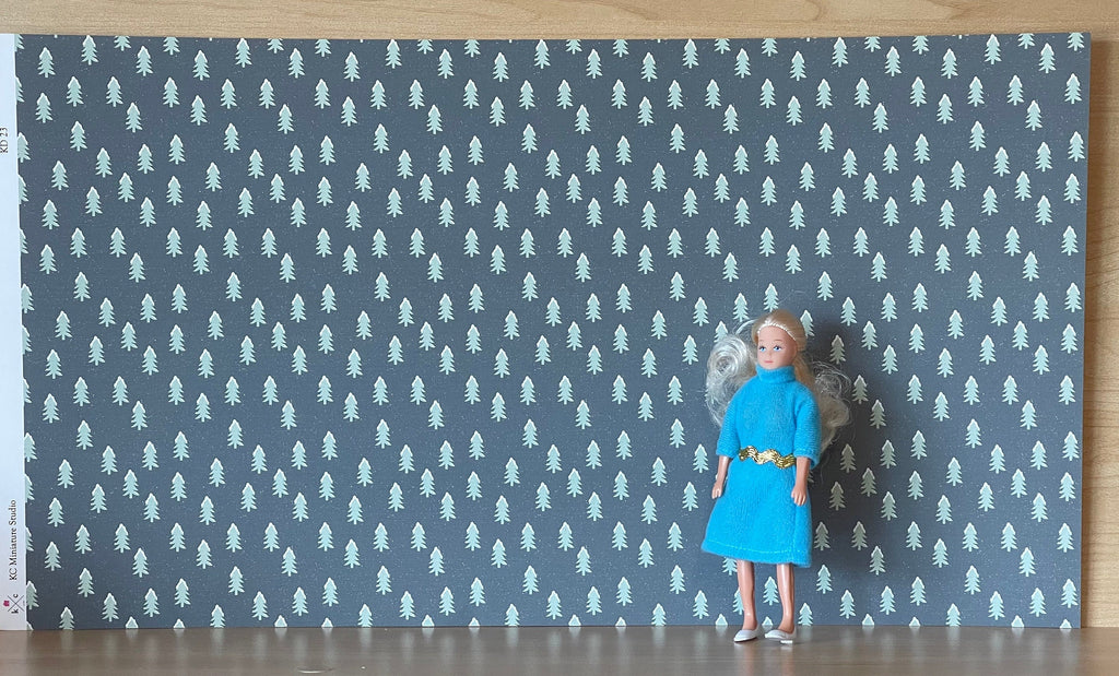 1:12 Scale Miniature Snowy Pine Tree Wallpaper, 18-1/8 x 10-1/4 inch, DIY Dollhouse Supply (gray)
