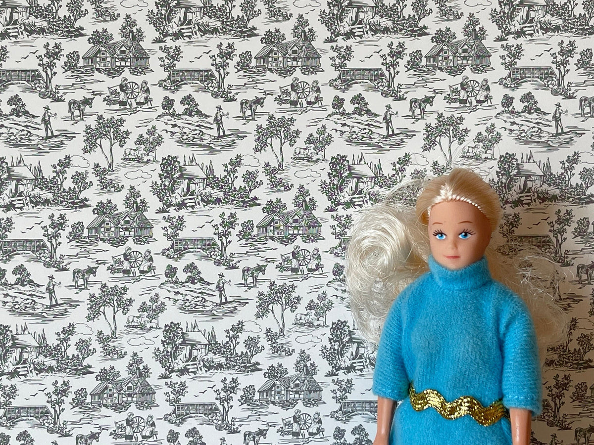 1:12 Scale Miniature Country Scene Toile Wallpaper, 18-1/8 x 11-7/16 inch, DIY Dollhouse Supply (charcoal)