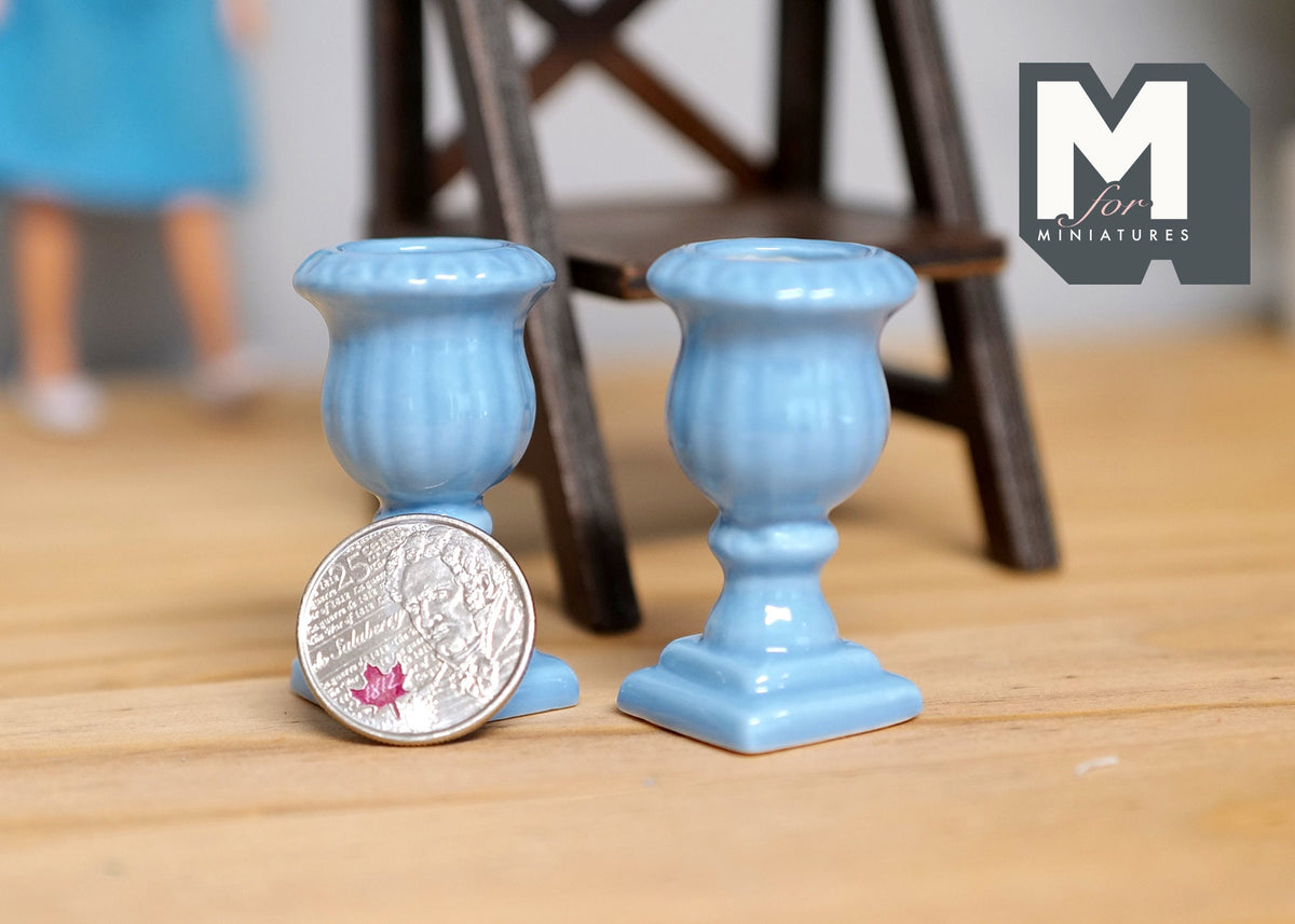 1:12 Scale Miniature Roman Style Pedestal Urn Planters, Set of 2, 1-3/8 inch tall, DIY Dollhouse Supply (light blue)