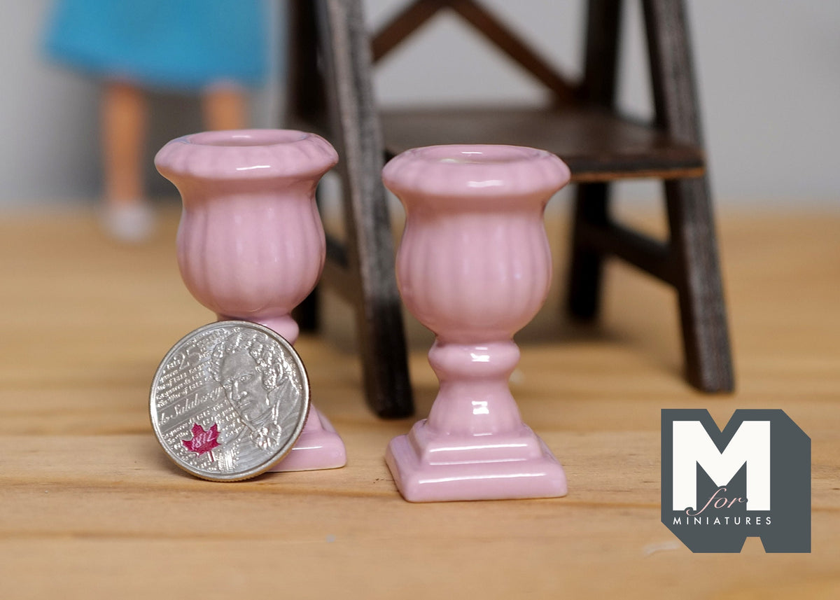 1:12 Scale Miniature Roman Style Pedestal Urn Planters, Set of 2, 1-3/8 inch tall, DIY Dollhouse Supply (pink)