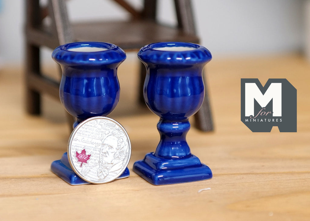 1:12 Scale Miniature Roman Style Pedestal Urn Planters, Set of 2, 1-3/8 inch tall, DIY Dollhouse Supply (cobalt blue)