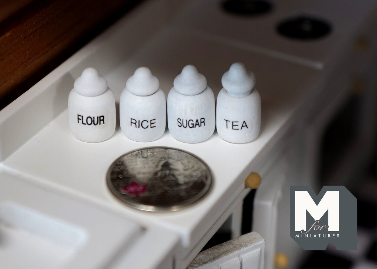 1:12 Scale Miniature Kitchen Canisters with Lettered Labels, Set of 4, 11/16 inch tall, DIY Dollhouse Supply (white)