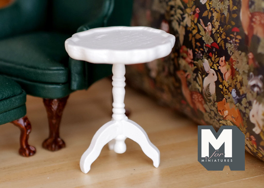 1:12 Scale Miniature Wood Round Pedestal End Table, Tripod Base, 2-3/16 inch tall, DIY Dollhouse Supply (white)
