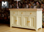 1:12 scale miniature kitchen island cabinet in cream with wood top, 4 doors, 3 drawers and gold knobs