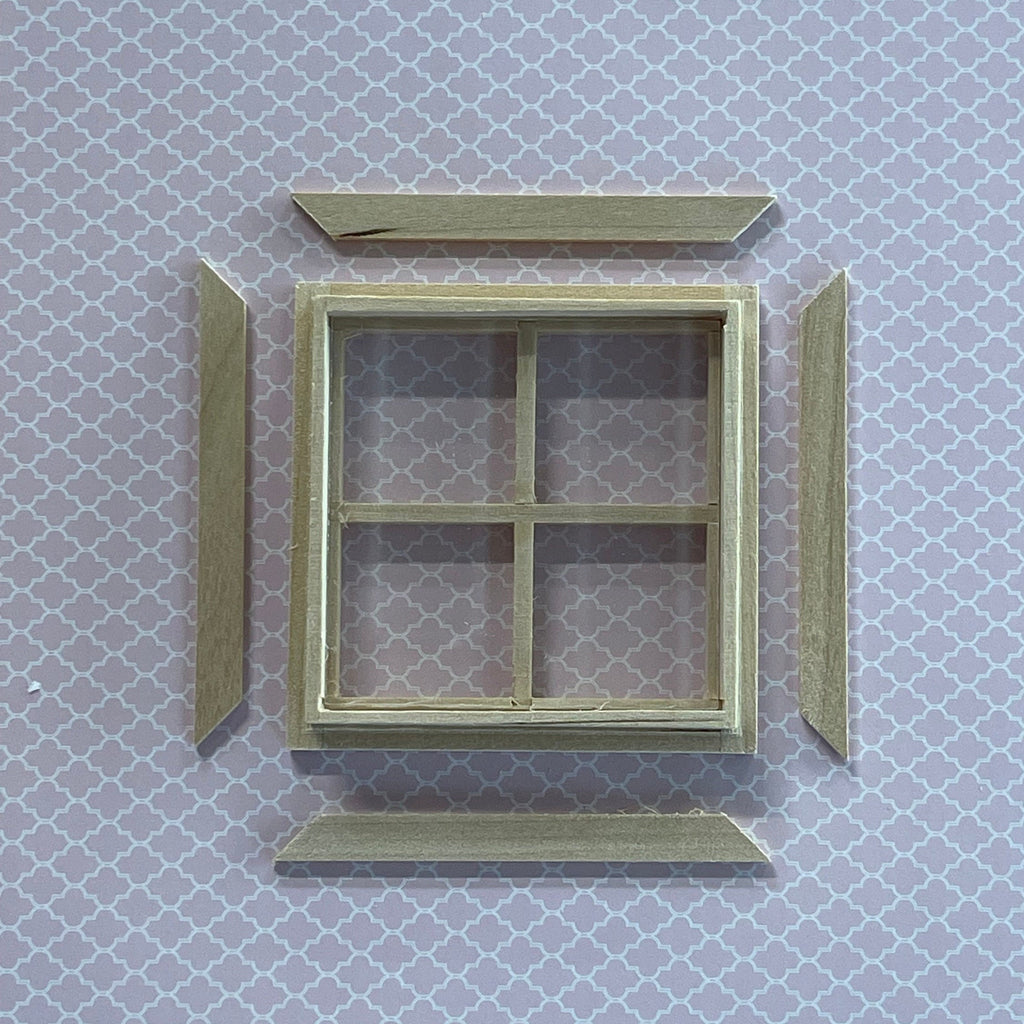 1:12 Scale Miniature 4 Pane Window with Inner Side Jambs, 2-3/4 inch high (with back trim) Dollhouse Supply