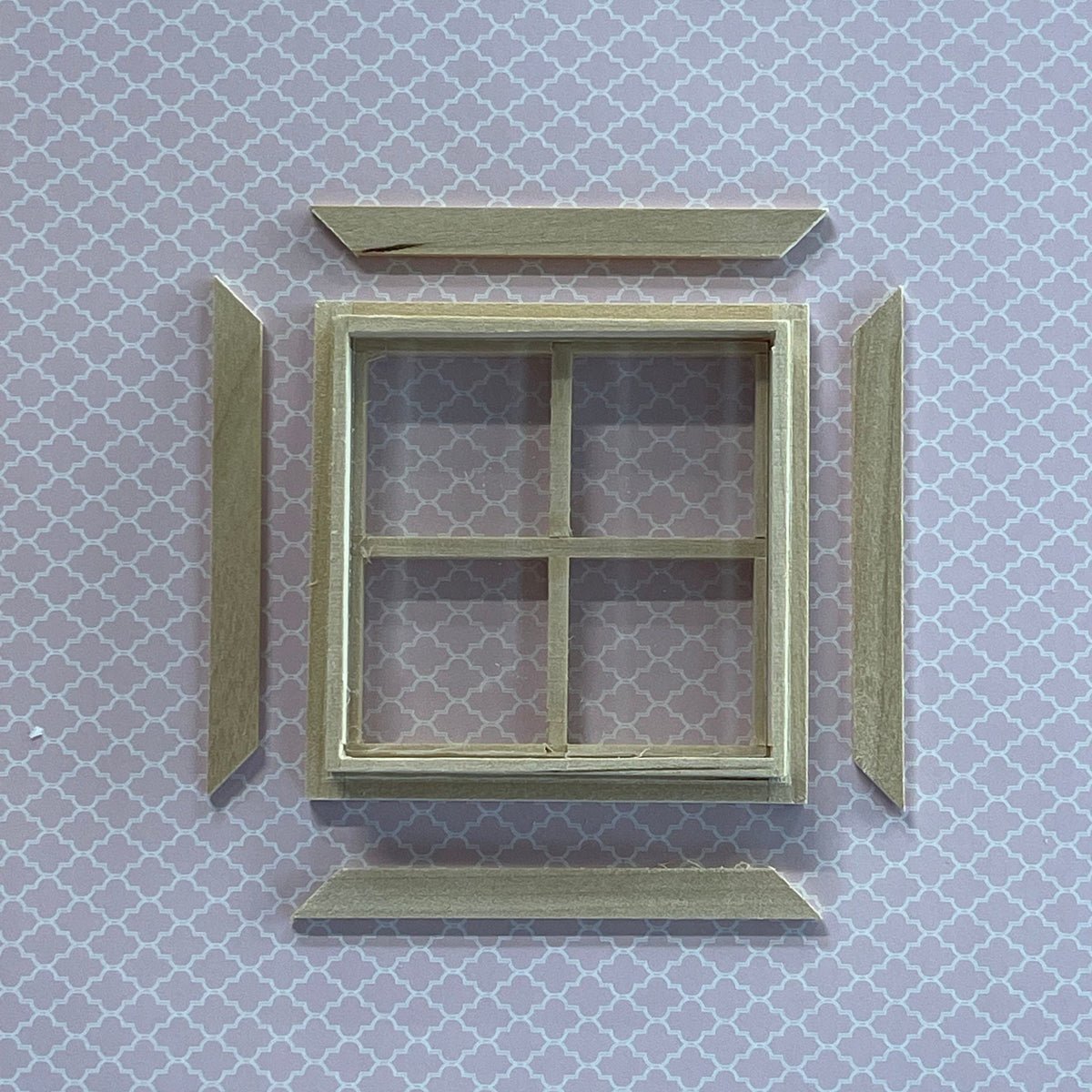 1:12 Scale Miniature 4 Pane Window with Inner Side Jambs, 2-3/4 inch high (with back trim) Dollhouse Supply