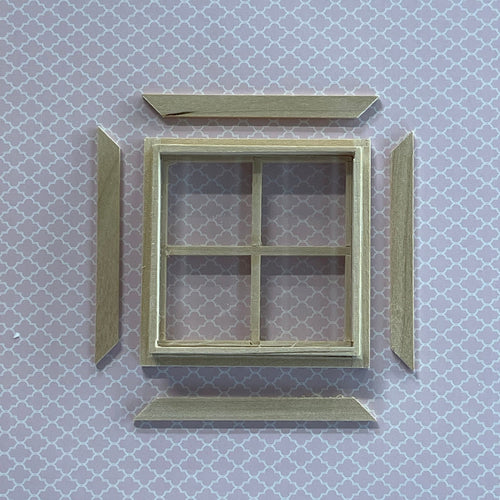 1:12 Scale Miniature 4 Pane Window with Inner Side Jambs, 2-3/4 inch high (with back trim) Dollhouse Supply