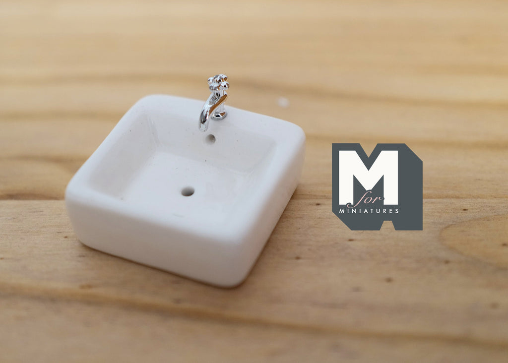 1:12 Dollhouse Supplies miniature ceramic bathroom vessel sink with silver style faucet (square) - C104