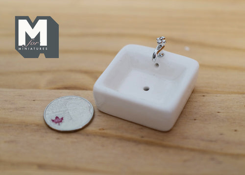 1:12 Dollhouse Supplies miniature ceramic bathroom vessel sink with silver style faucet (square) - C104