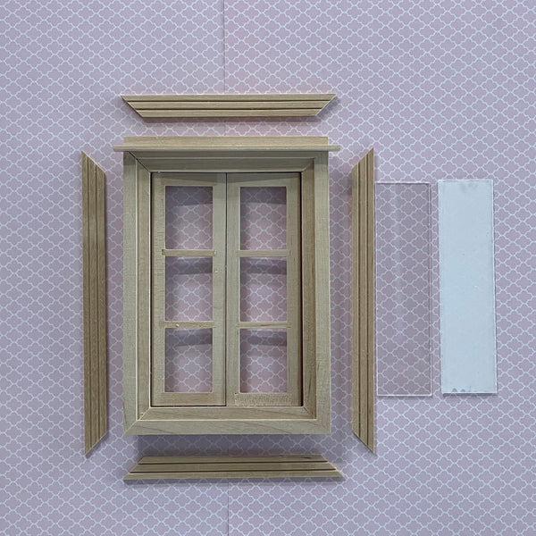 Dollhouse In and Out Swing Window Frame , Miniature Classical Double Window Frame with Back Trim - I028