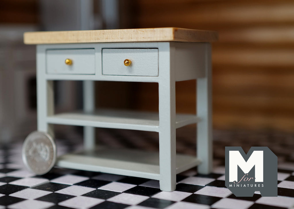 1:12 Scale Miniature Wood Kitchen Island, 2 Drawers, Lower Shelf, 3-1/16 inch tall, DIY Dollhouse Supply (sage green)