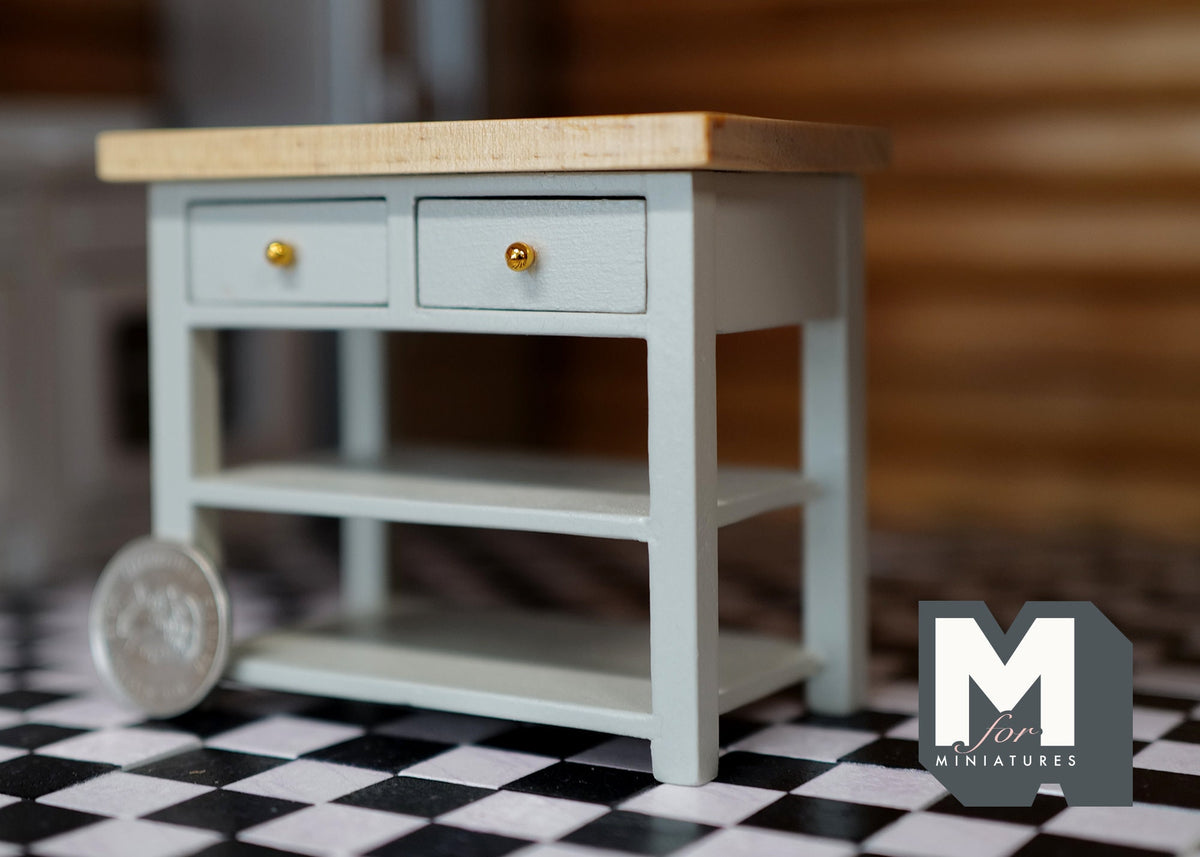 1:12 Scale Miniature Wood Kitchen Island, 2 Drawers, Lower Shelf, 3-1/16 inch tall, DIY Dollhouse Supply (sage green)