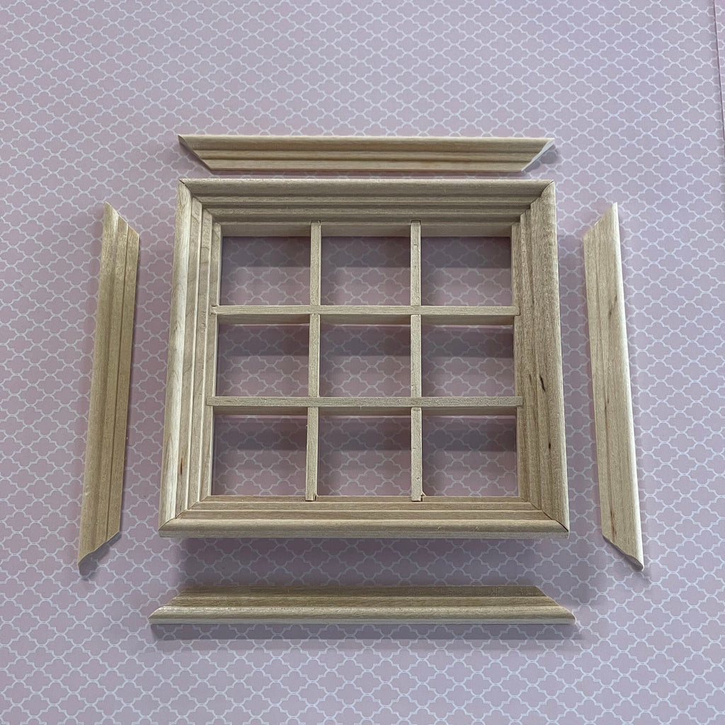 1:12 Scale Miniature Unpainted Dollhouse 9 Pane Window with Inner Side Jambs, 4 inch high Dollhouse Supply (with back trim)