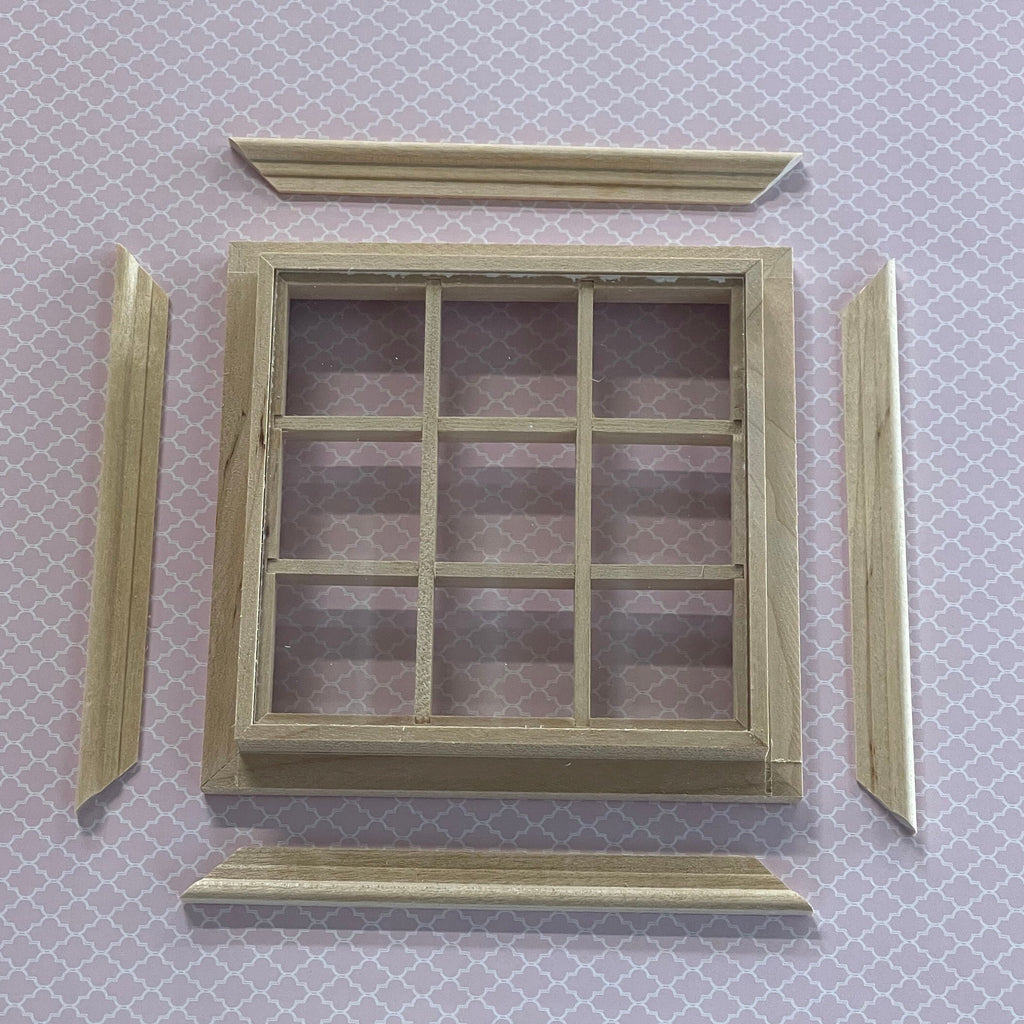 1:12 Scale Miniature Unpainted Dollhouse 9 Pane Window with Inner Side Jambs, 4 inch high Dollhouse Supply (with back trim)