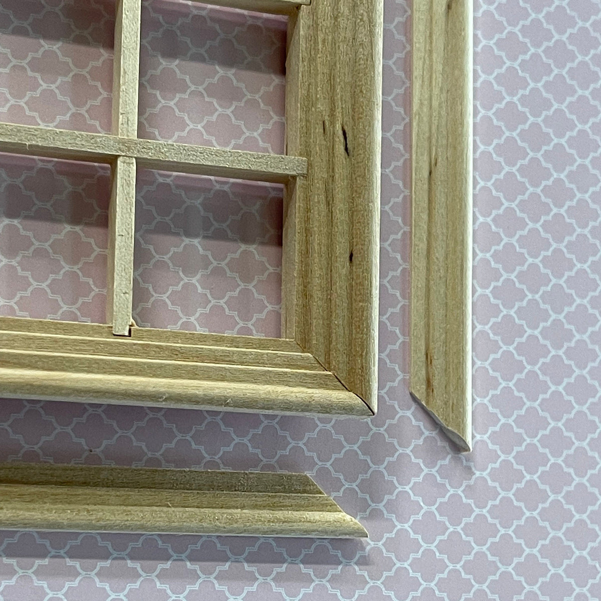 1:12 Scale Miniature Unpainted Dollhouse 9 Pane Window with Inner Side Jambs, 4 inch high Dollhouse Supply (with back trim)