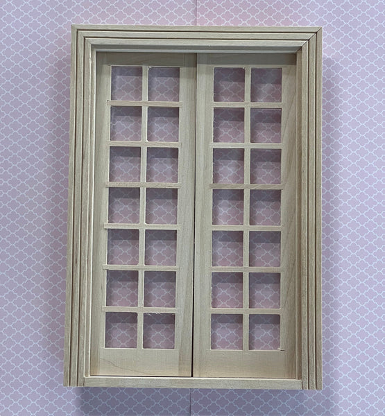 1 Inch Scale Dollhouse Double French Door Frame with Acrylic Windows (with Back Trim) , Unfinished Double French Door - I031