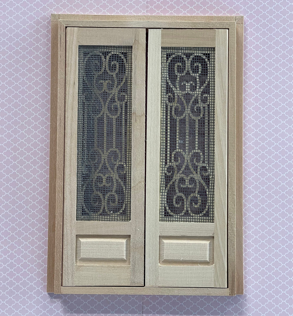 1:12 Scale Miniature Unpainted Wood Double Screen Door with Frame, 7-11/16 inch high, DIY Dollhouse Supply