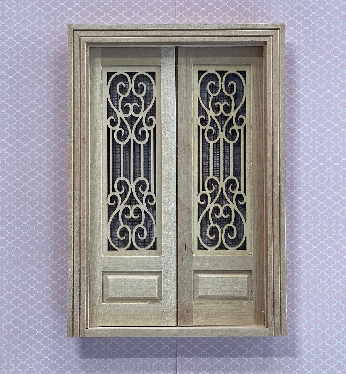 1:12 Scale Miniature Unpainted Wood Double Screen Door with Frame, 7-11/16 inch high, DIY Dollhouse Supply