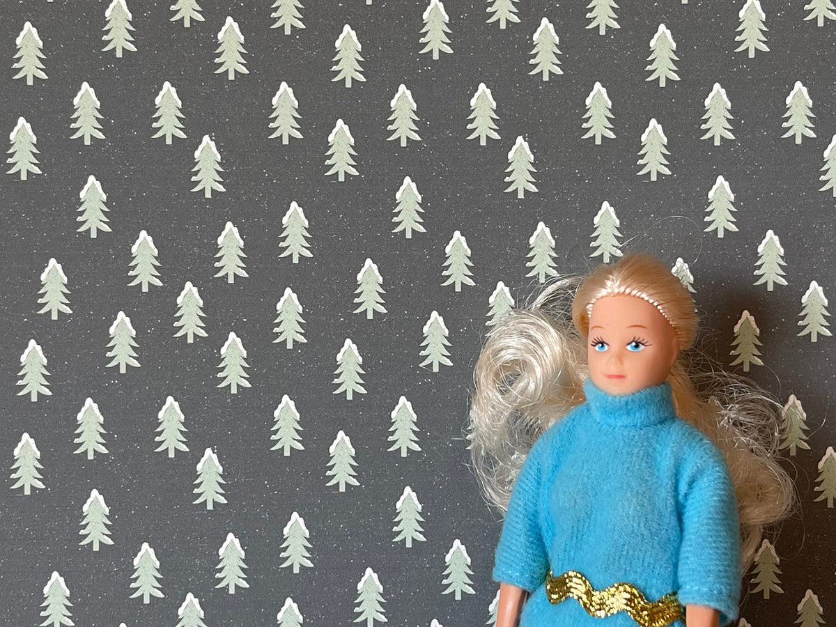 1:12 Scale Miniature Snowy Pine Tree Wallpaper, 18-1/8 x 10-1/4 inch, DIY Dollhouse Supply (gray)