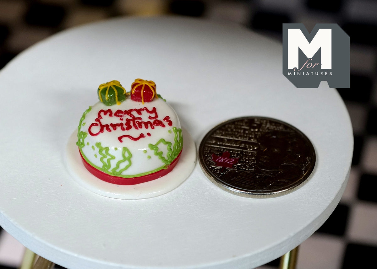 1:12 Scale Miniature Round Christmas Cake with Icing and Decorations, 1/2 inch tall, DIY Dollhouse Supply (red and white)