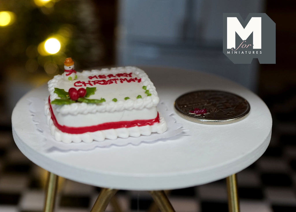 1:12 Scale Miniature Square Christmas Cake with Holly, 1-1/4 inch long, DIY Dollhouse Supply